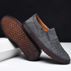 Clearance OUKU Men's Breathable Slip-On Loafers - Perforated Faux Suede Casual Shoes with Woven Detailing and Anti-Slip Sole