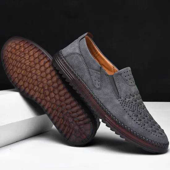 Clearance OUKU Men's Breathable Slip-On Loafers - Perforated Faux Suede Casual Shoes with Woven Detailing and Anti-Slip Sole