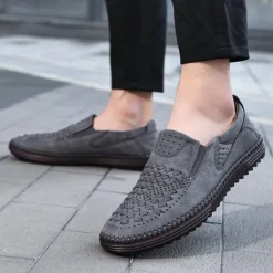 Clearance OUKU Men's Breathable Slip-On Loafers - Perforated Faux Suede Casual Shoes with Woven Detailing and Anti-Slip Sole