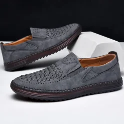 Clearance OUKU Men's Breathable Slip-On Loafers - Perforated Faux Suede Casual Shoes with Woven Detailing and Anti-Slip Sole