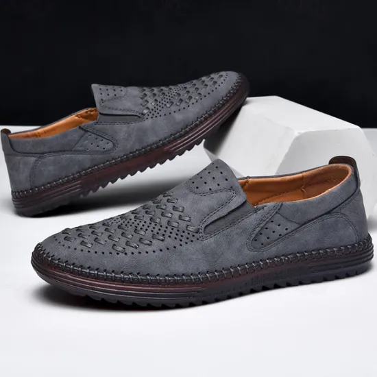 Clearance OUKU Men's Breathable Slip-On Loafers - Perforated Faux Suede Casual Shoes with Woven Detailing and Anti-Slip Sole