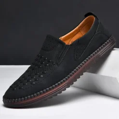 Clearance OUKU Men's Breathable Slip-On Loafers - Perforated Faux Suede Casual Shoes with Woven Detailing and Anti-Slip Sole