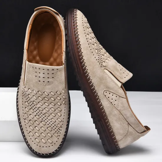 Clearance OUKU Men's Breathable Slip-On Loafers - Perforated Faux Suede Casual Shoes with Woven Detailing and Anti-Slip Sole