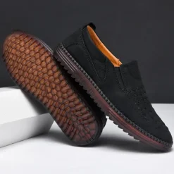 Clearance OUKU Men's Breathable Slip-On Loafers - Perforated Faux Suede Casual Shoes with Woven Detailing and Anti-Slip Sole