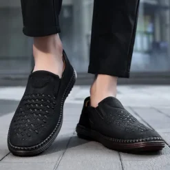 Clearance OUKU Men's Breathable Slip-On Loafers - Perforated Faux Suede Casual Shoes with Woven Detailing and Anti-Slip Sole