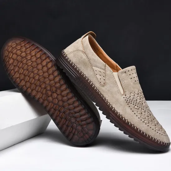 Clearance OUKU Men's Breathable Slip-On Loafers - Perforated Faux Suede Casual Shoes with Woven Detailing and Anti-Slip Sole