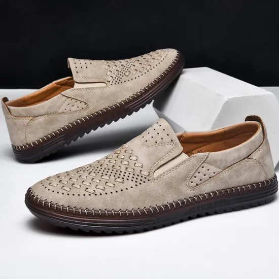 Clearance OUKU Men's Breathable Slip-On Loafers - Perforated Faux Suede Casual Shoes with Woven Detailing and Anti-Slip Sole