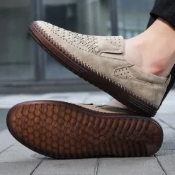 Clearance OUKU Men's Breathable Slip-On Loafers - Perforated Faux Suede Casual Shoes with Woven Detailing and Anti-Slip Sole