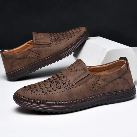 Clearance OUKU Men's Breathable Slip-On Loafers - Perforated Faux Suede Casual Shoes with Woven Detailing and Anti-Slip Sole