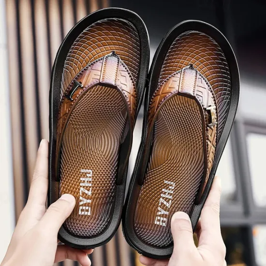 Hot OUKU Men's Brown Casual Flip Flops with Textured Footbed and Adjustable Strap – Comfortable Outdoor Sandals for Summer and Beach Wear