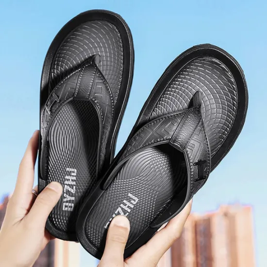 Hot OUKU Men's Brown Casual Flip Flops with Textured Footbed and Adjustable Strap – Comfortable Outdoor Sandals for Summer and Beach Wear