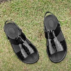 Hot OUKU Men's Brown Crocodile Pattern Sandals with Adjustable Strap, Stylish Design for Casual, Outdoor and Summer Wear