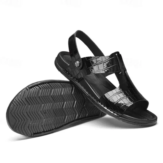 Hot OUKU Men's Brown Crocodile Pattern Sandals with Adjustable Strap, Stylish Design for Casual, Outdoor and Summer Wear