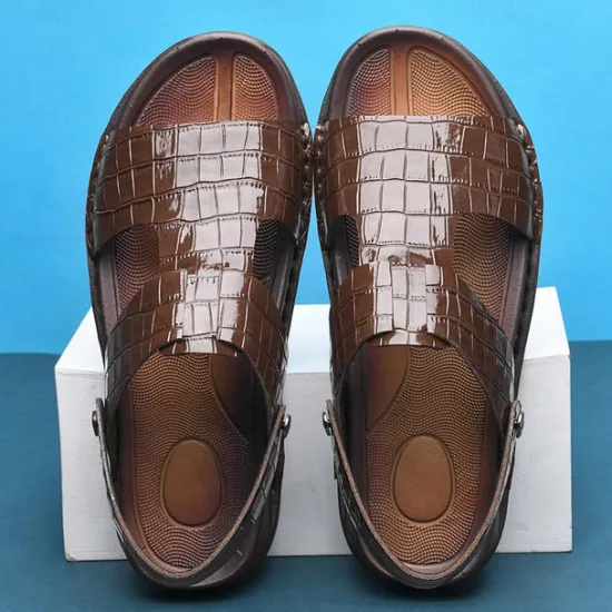 Hot OUKU Men's Brown Crocodile Pattern Sandals with Adjustable Strap, Stylish Design for Casual, Outdoor and Summer Wear