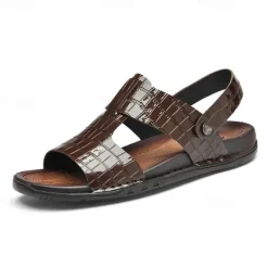 Hot OUKU Men's Brown Crocodile Pattern Sandals with Adjustable Strap, Stylish Design for Casual, Outdoor and Summer Wear