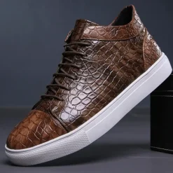 Best OUKU Men's Brown Crocodile Pattern Faux Leather Sneakers with Lace-Up Design and Comfortable White Sole for Casual and Stylish Everyday Wear