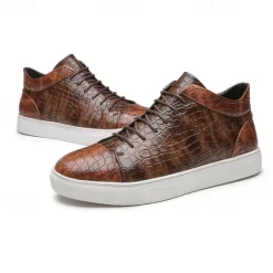Best OUKU Men's Brown Crocodile Pattern Faux Leather Sneakers with Lace-Up Design and Comfortable White Sole for Casual and Stylish Everyday Wear