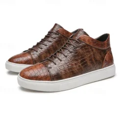 Best OUKU Men's Brown Crocodile Pattern Faux Leather Sneakers with Lace-Up Design and Comfortable White Sole for Casual and Stylish Everyday Wear