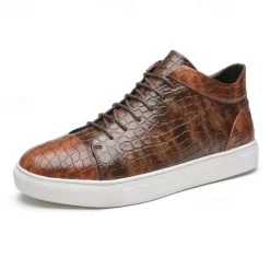 Best OUKU Men's Brown Crocodile Pattern Faux Leather Sneakers with Lace-Up Design and Comfortable White Sole for Casual and Stylish Everyday Wear