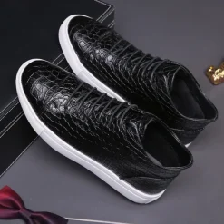 Best OUKU Men's Brown Crocodile Pattern Faux Leather Sneakers with Lace-Up Design and Comfortable White Sole for Casual and Stylish Everyday Wear