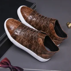 Best OUKU Men's Brown Crocodile Pattern Faux Leather Sneakers with Lace-Up Design and Comfortable White Sole for Casual and Stylish Everyday Wear