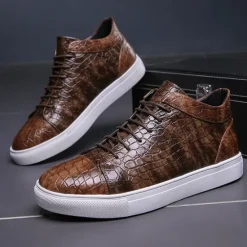 Best OUKU Men's Brown Crocodile Pattern Faux Leather Sneakers with Lace-Up Design and Comfortable White Sole for Casual and Stylish Everyday Wear