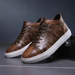 Best OUKU Men's Brown Crocodile Pattern Faux Leather Sneakers with Lace-Up Design and Comfortable White Sole for Casual and Stylish Everyday Wear