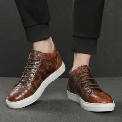 Best OUKU Men's Brown Crocodile Pattern Faux Leather Sneakers with Lace-Up Design and Comfortable White Sole for Casual and Stylish Everyday Wear