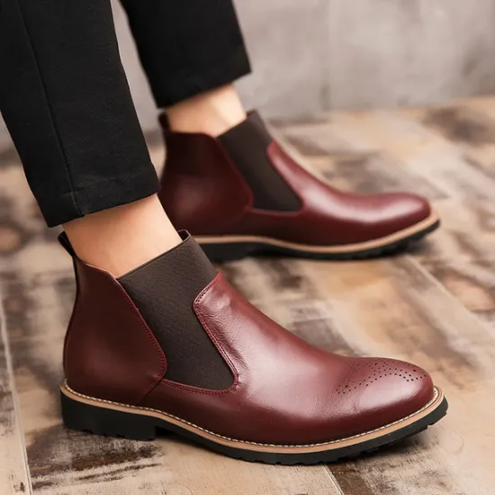 OUKU Men's Brown Faux Leather Chelsea Boots – Stylish Slip-On Ankle Boots with Rugged Tread and Perforated Detailing