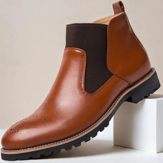 OUKU Men's Brown Faux Leather Chelsea Boots – Stylish Slip-On Ankle Boots with Rugged Tread and Perforated Detailing