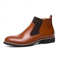 OUKU Men's Brown Faux Leather Chelsea Boots – Stylish Slip-On Ankle Boots with Rugged Tread and Perforated Detailing