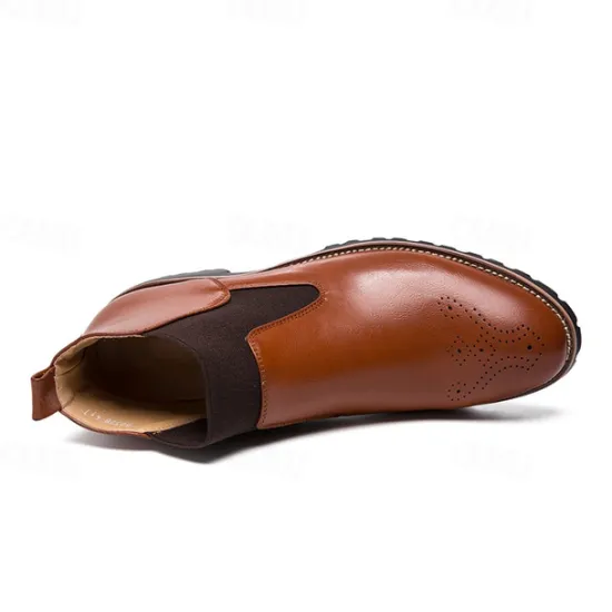 OUKU Men's Brown Faux Leather Chelsea Boots – Stylish Slip-On Ankle Boots with Rugged Tread and Perforated Detailing