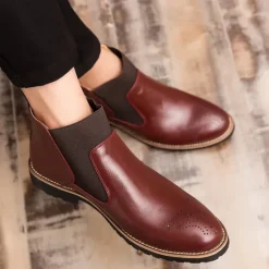 OUKU Men's Brown Faux Leather Chelsea Boots – Stylish Slip-On Ankle Boots with Rugged Tread and Perforated Detailing