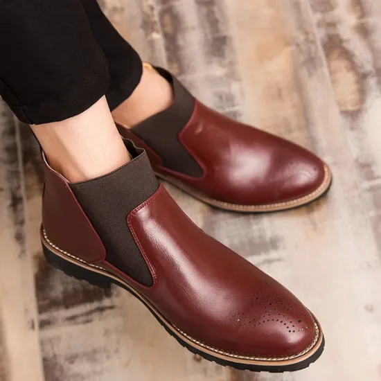 OUKU Men's Brown Faux Leather Chelsea Boots – Stylish Slip-On Ankle Boots with Rugged Tread and Perforated Detailing