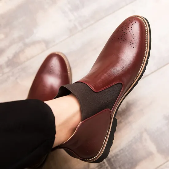 OUKU Men's Brown Faux Leather Chelsea Boots – Stylish Slip-On Ankle Boots with Rugged Tread and Perforated Detailing