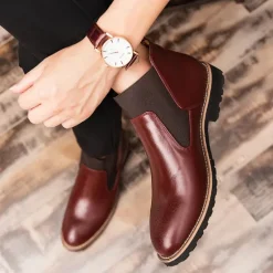 OUKU Men's Brown Faux Leather Chelsea Boots – Stylish Slip-On Ankle Boots with Rugged Tread and Perforated Detailing