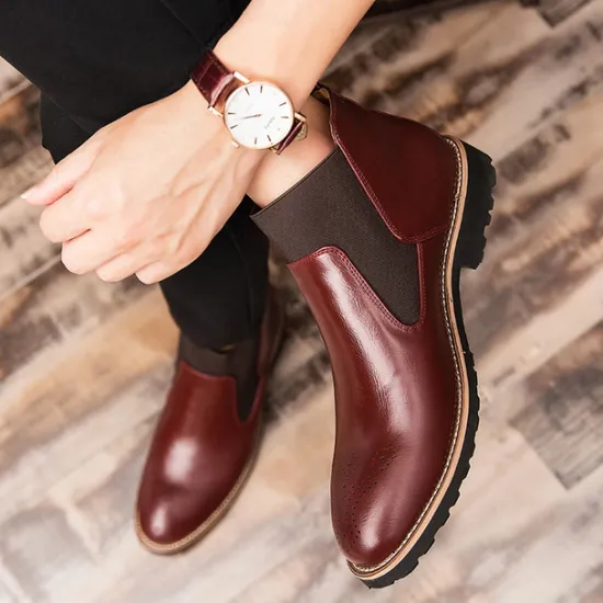 OUKU Men's Brown Faux Leather Chelsea Boots – Stylish Slip-On Ankle Boots with Rugged Tread and Perforated Detailing