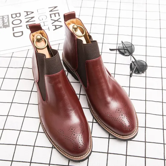 OUKU Men's Brown Faux Leather Chelsea Boots – Stylish Slip-On Ankle Boots with Rugged Tread and Perforated Detailing