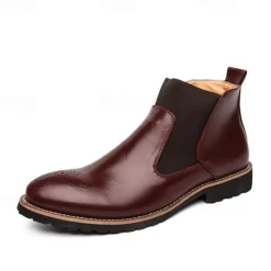 OUKU Men's Brown Faux Leather Chelsea Boots – Stylish Slip-On Ankle Boots with Rugged Tread and Perforated Detailing