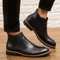 OUKU Men's Brown Faux Leather Chelsea Boots – Stylish Slip-On Ankle Boots with Rugged Tread and Perforated Detailing