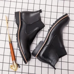 OUKU Men's Brown Faux Leather Chelsea Boots – Stylish Slip-On Ankle Boots with Rugged Tread and Perforated Detailing