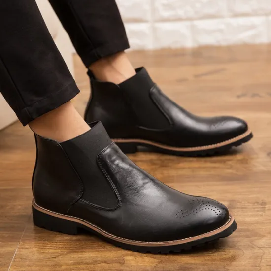 OUKU Men's Brown Faux Leather Chelsea Boots – Stylish Slip-On Ankle Boots with Rugged Tread and Perforated Detailing