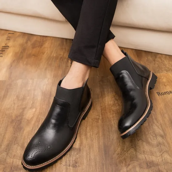 OUKU Men's Brown Faux Leather Chelsea Boots – Stylish Slip-On Ankle Boots with Rugged Tread and Perforated Detailing