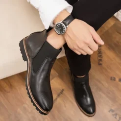 OUKU Men's Brown Faux Leather Chelsea Boots – Stylish Slip-On Ankle Boots with Rugged Tread and Perforated Detailing