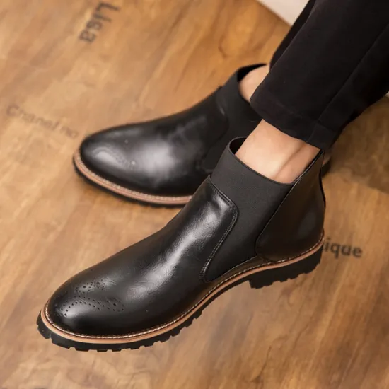 OUKU Men's Brown Faux Leather Chelsea Boots – Stylish Slip-On Ankle Boots with Rugged Tread and Perforated Detailing