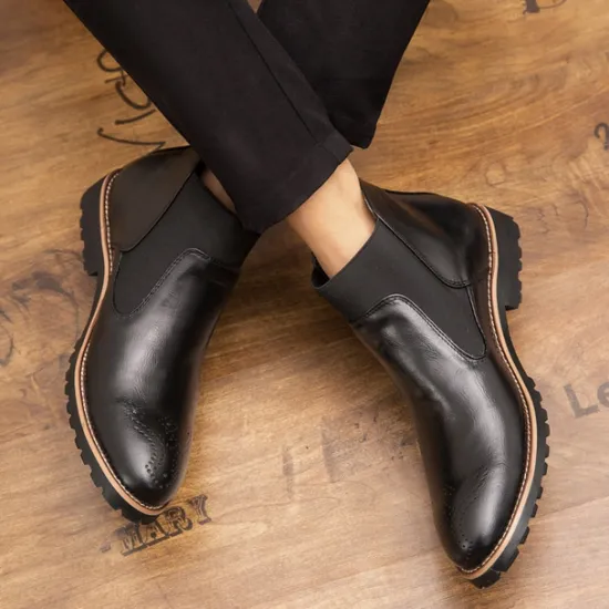 OUKU Men's Brown Faux Leather Chelsea Boots – Stylish Slip-On Ankle Boots with Rugged Tread and Perforated Detailing