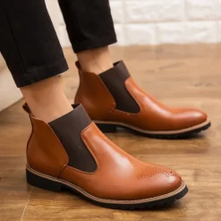 OUKU Men's Brown Faux Leather Chelsea Boots – Stylish Slip-On Ankle Boots with Rugged Tread and Perforated Detailing