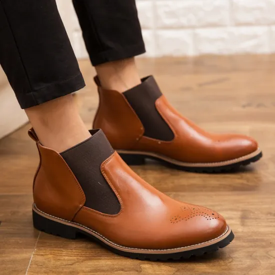 OUKU Men's Brown Faux Leather Chelsea Boots – Stylish Slip-On Ankle Boots with Rugged Tread and Perforated Detailing