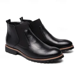 OUKU Men's Brown Faux Leather Chelsea Boots – Stylish Slip-On Ankle Boots with Rugged Tread and Perforated Detailing