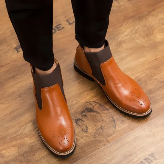 OUKU Men's Brown Faux Leather Chelsea Boots – Stylish Slip-On Ankle Boots with Rugged Tread and Perforated Detailing